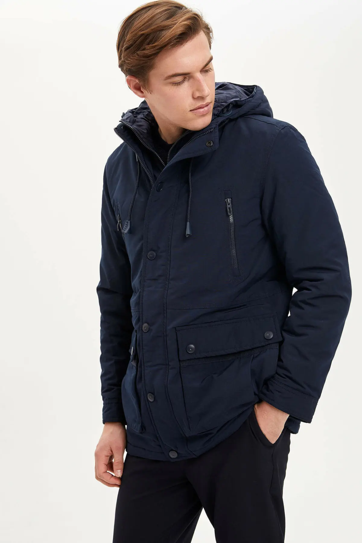 DeFacto мужское зимнее толстое пальто с капюшоном/мужская темно синяя теплая парка