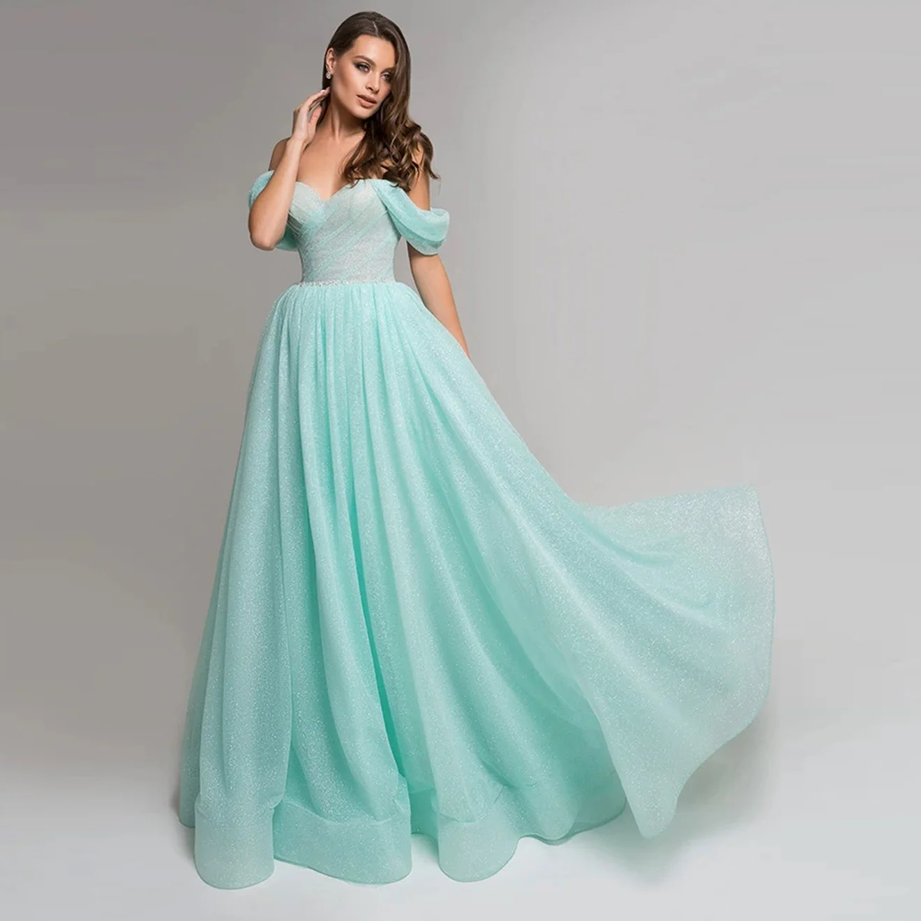 

Sparkly Prom Dress Off-Shoulder Shiny Dress A-Line Floor Length Long Dress Tiered Tulle Evening Dresses For Women 2021 Ball Gown