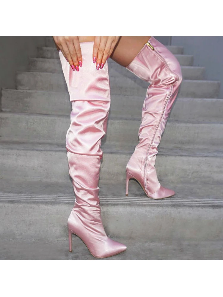 

2021 Spring Over The Knee Boots Women Pink Silk Fabric High Heel Boots Lady Sexy Pointed Toe Long Wedding Boots Women's shoes