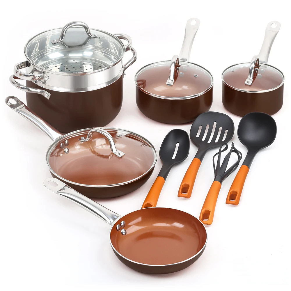 Brown Copper Медные антипригарные сковородки для приготовления пищи кастрюли и сковороды с керамикой и набор индукционной посуды кухонный гарнитур - Цвет: Brown Copper