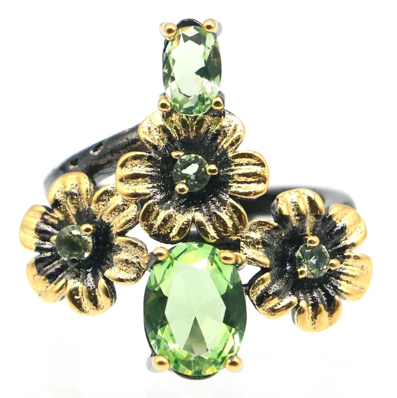 

24x24mm Gothic Unique Design Vintage Created Green Tsavorite Garnet Cool Black Gold Silver Ring For Women Rings Daily Wear