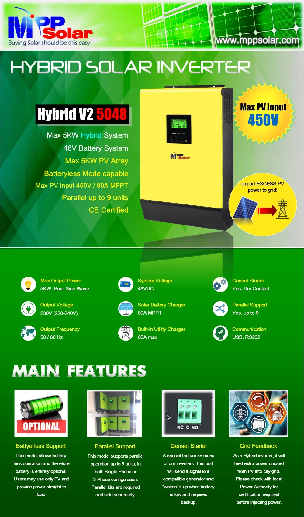 5000w 48v 230vac Hybrid Solar power inverter Grid tied+ off grid 80A MPPT solar charger 450vdc PV input