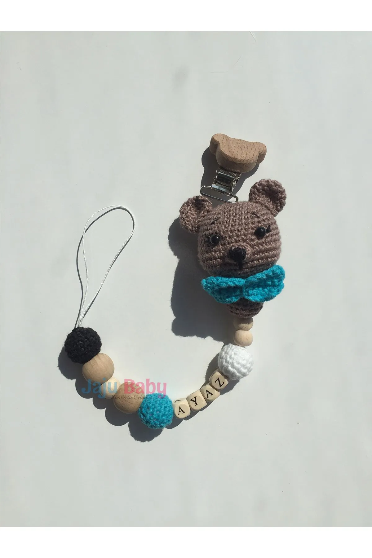 

Jaju Baby Handmade, Amigurumi Teddy Bear Name Pacifier Chain with Bow Tie 22 cm