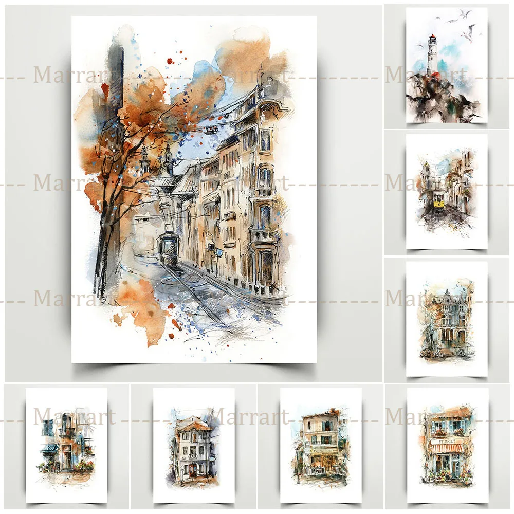 

City Travel Painting Wall Art Italian And Ukraine Art City Poster Print Home Decor European Houses Buildings Watercolor Prints