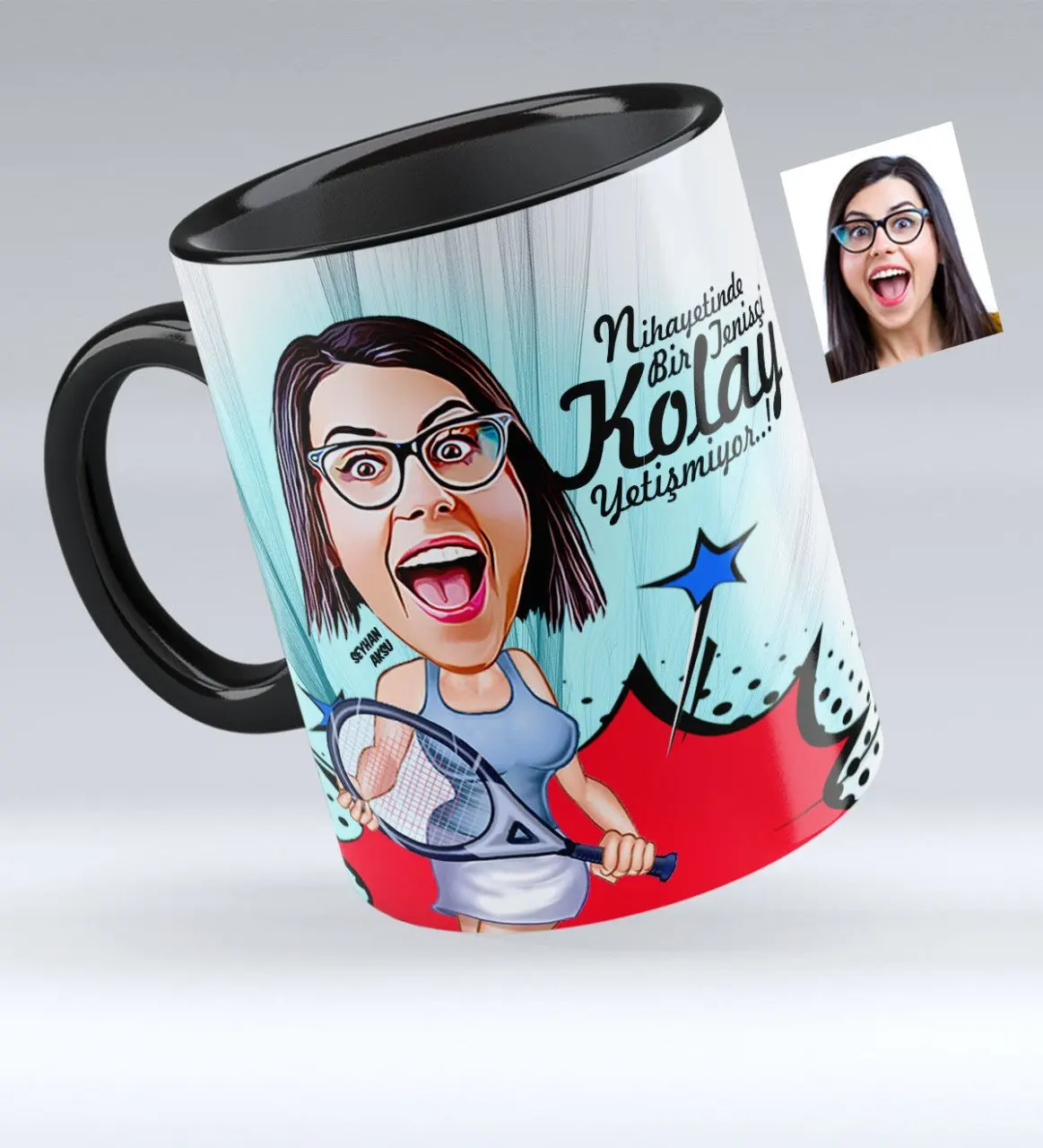 

Personalized Women 'S Tennis Player Caricature Of Black Mug cup-1