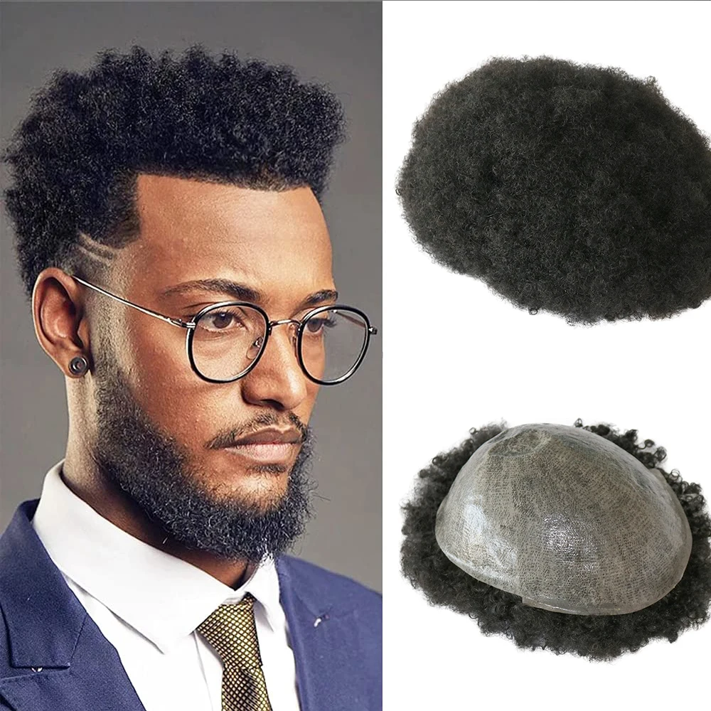 

6MM Afro Kinky Curly Men's Wigs Full Skin PU Toupee Men Capillary Prosthesis Hair Unit Replacement System Hair Pieces Wig