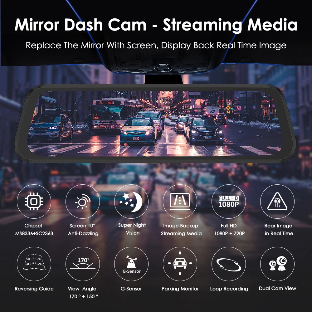 AZDOME PG02 10" Mirror Touch Dash Cam Streaming Media ADAS Dual Lens Reversing 