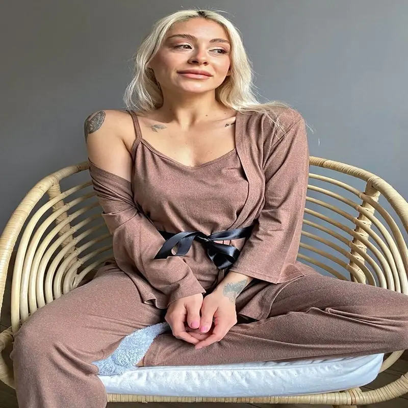 

Женский пижамный комплект из 4 предметов, 2021 хлопок, удобная Роскошная однотонная Пижама, модный бамбуковый пижамный комплект с халат, 100%
