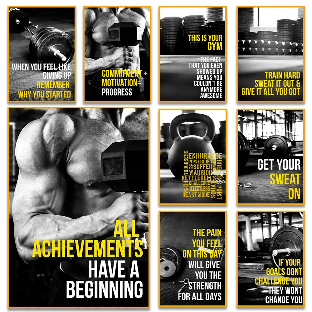 

Modern Sports Art Posters and Prints Wall Canvas Art Barbell Motivating Quote Decorative Painting for Gym Room Fitness Decor