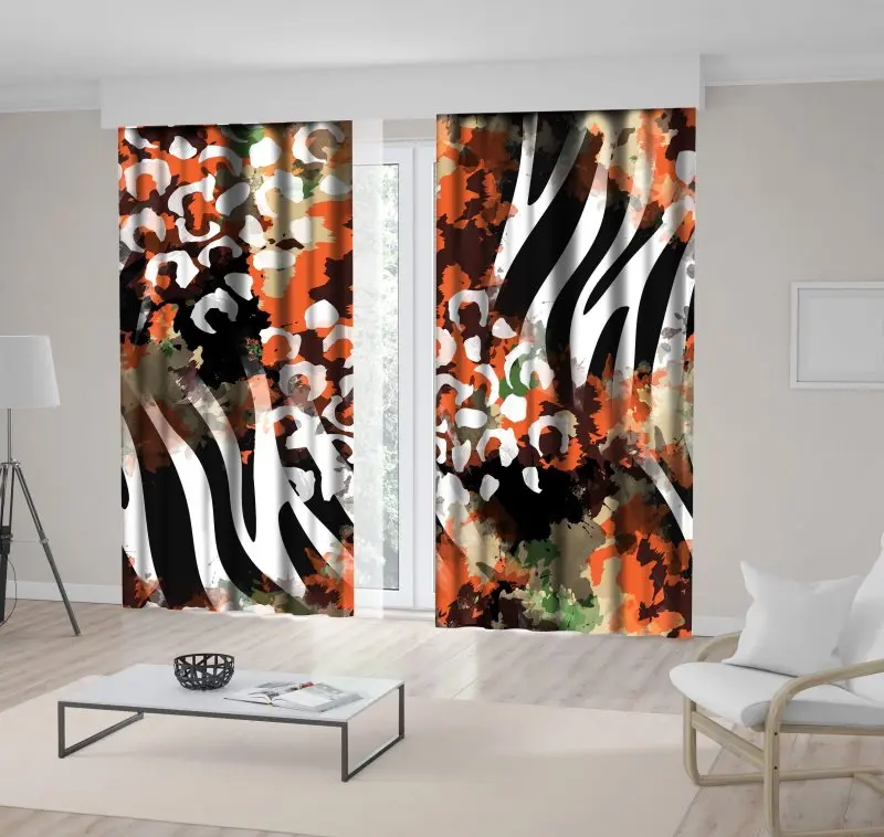 

Curtain Leopard cartoon The Cat Pattern and Zebra Stripes Watercolor Style Animal Print Creative Artwork Orange White Green