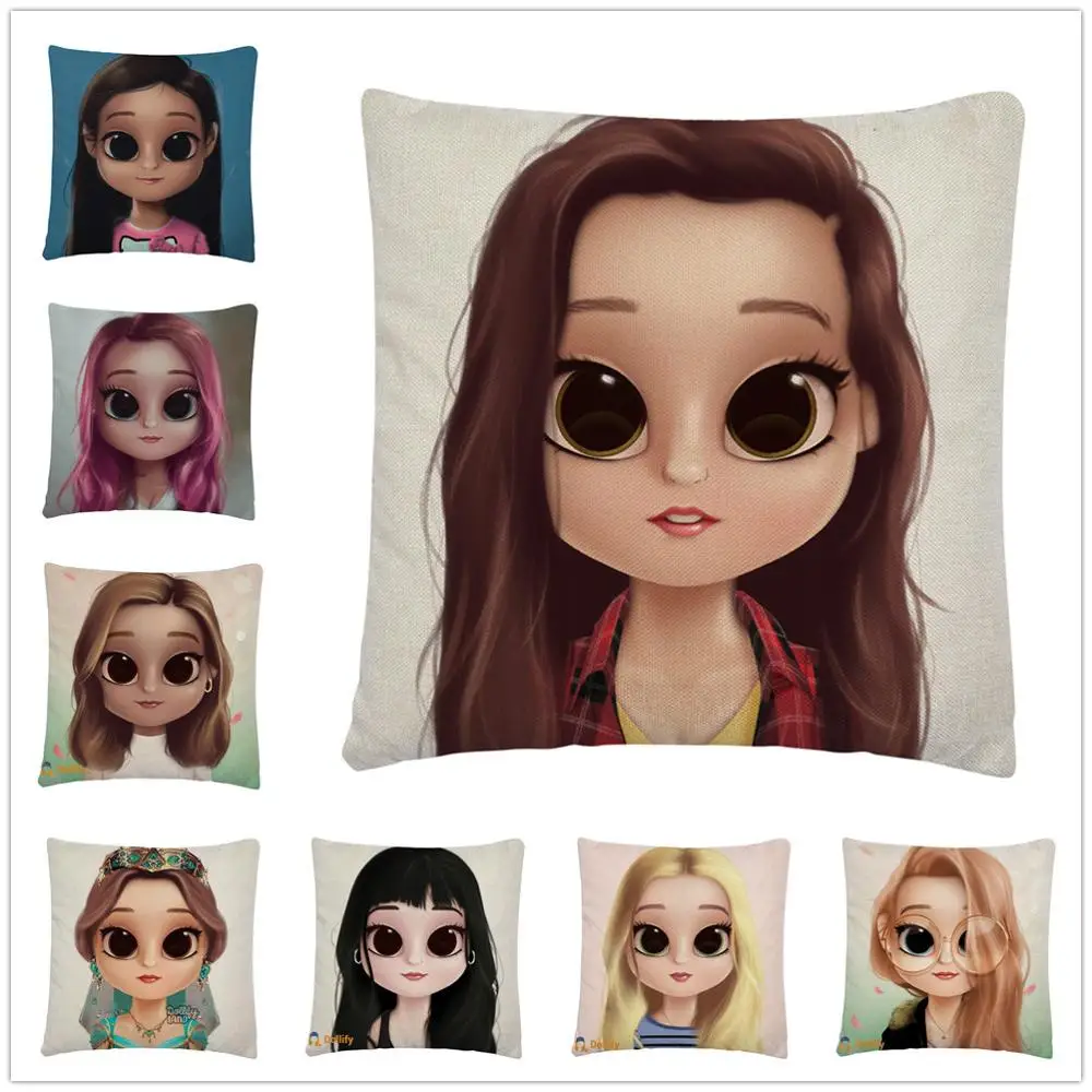 

(Dollify) beautiful girl cute pattern Linen Cushion Cover Pillow Case for Home Sofa Car Decor Pillowcase45X45cm
