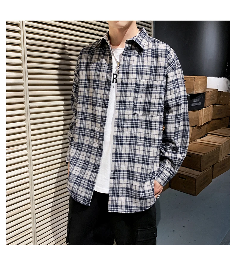 2022 New Trend  Mens Flannel Plaid Shirt Double Flap Pocket Button Up Casual Long Sleeve Shirts For Men Size M-5X