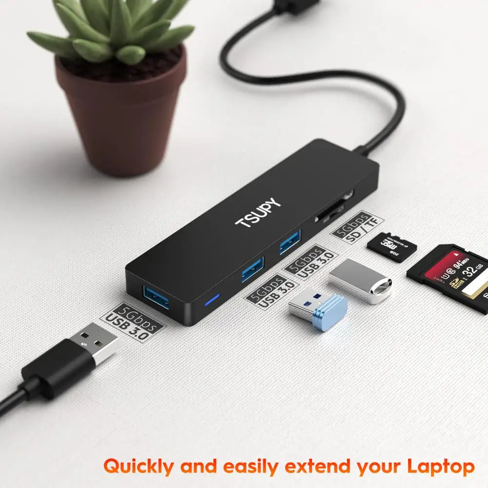 TSUPY тонкий размер usb-хаб USB 3,0-SD TF кард-ридер+ 3 USB 3,0 хаб для hp lenovo ASUS Macbook Air ПК ноутбук 1,2 м длинный кабель