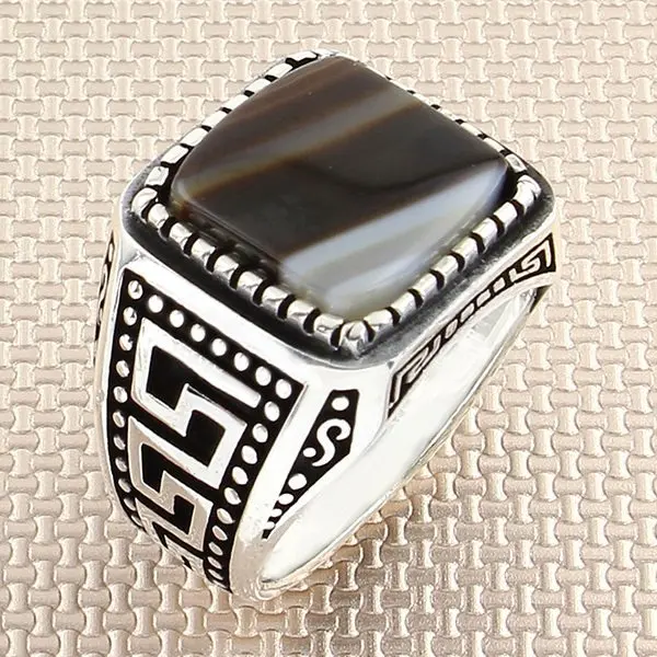 

Square Brown Agate Stone Men Silver Ring With Symmetrical Motif Made in Turkey Solid 925 Sterling Silver