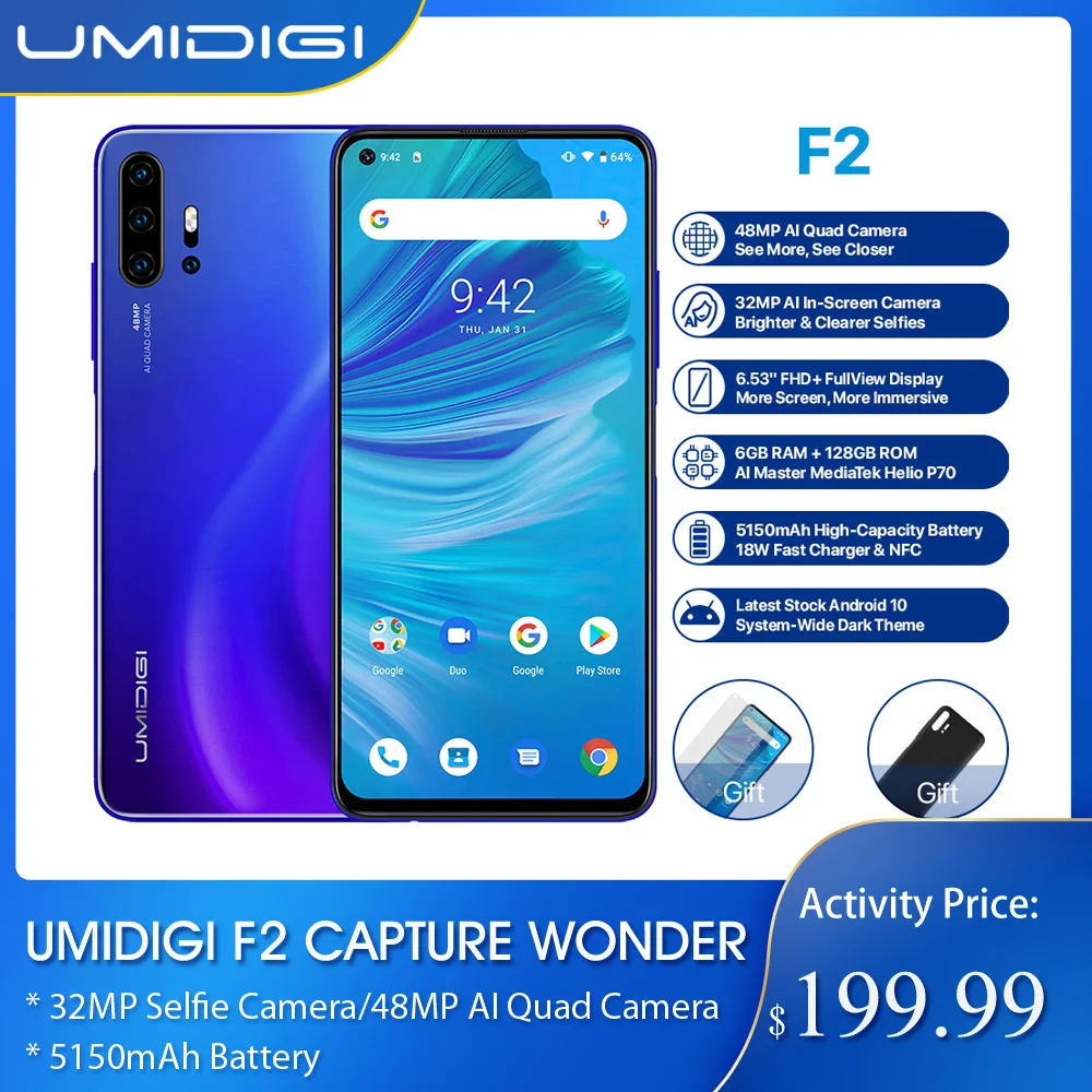 UMIDIGI F2 Android 10 глобальная версия 6 53 &quotFHD + ГБ 128 48MP AI Quad camera 32MP Selfie Helio P70 мобильный