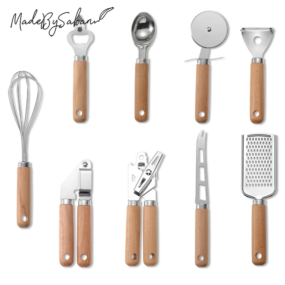 

Multifunctional Stainless Steel Wooden Handle Kitchen Gadget 9pc Set Peeler Can Opener Pizza Cutter Grater Kitchen Accessories