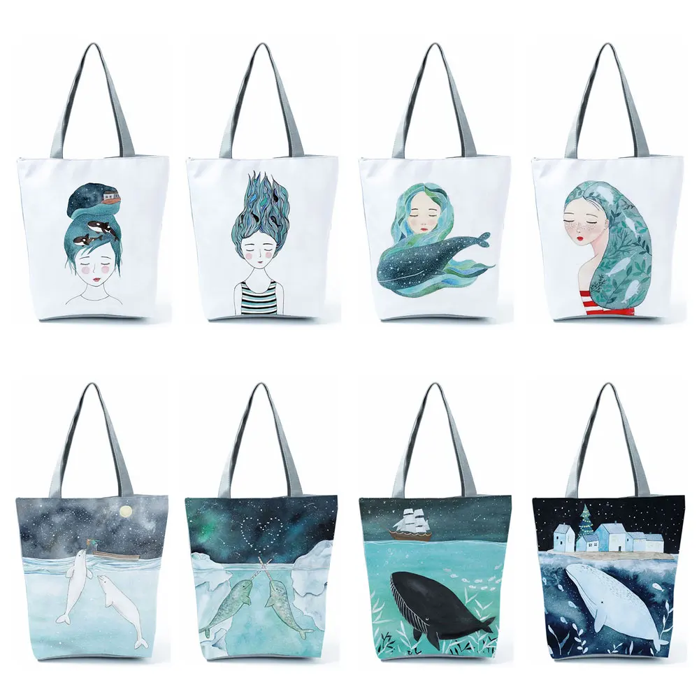 

Fresh Painting Cute Whale Sea Series Shopper Bag Women Handbags Large Capacity Tote Designer Design Blue Girl Print Shoulder Bag