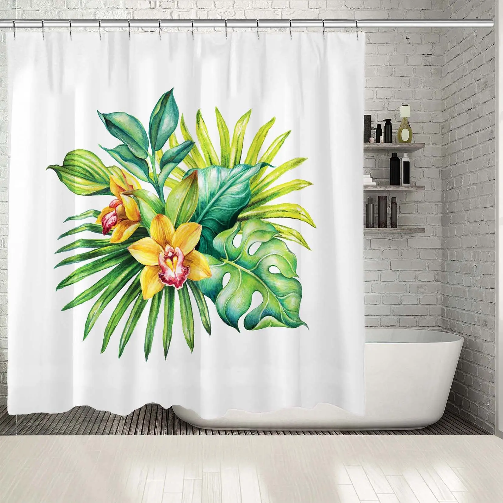 Занавеска для душа Тропический букет с большими листьями цветы орхидеи