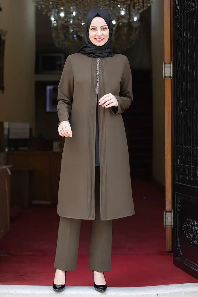 

Khaki colour two pieces women dress. Elegant and quality dress. Muslim dress. New season fashion. Made in Turkey. Kaftan. Caftan
