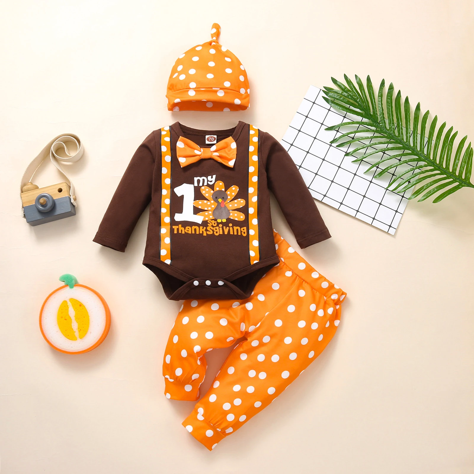 

1st Thanksgiving Newborn Baby Girls Romper Lounge Set Children's Long Sleeve Tops Long Pants Hat Kid Clothes Outfit Set 6 12 18