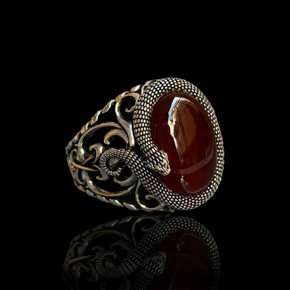 

Turkish Handmade Sterling Silver Jewelry Snake Pattern Red Agate Men's Ring