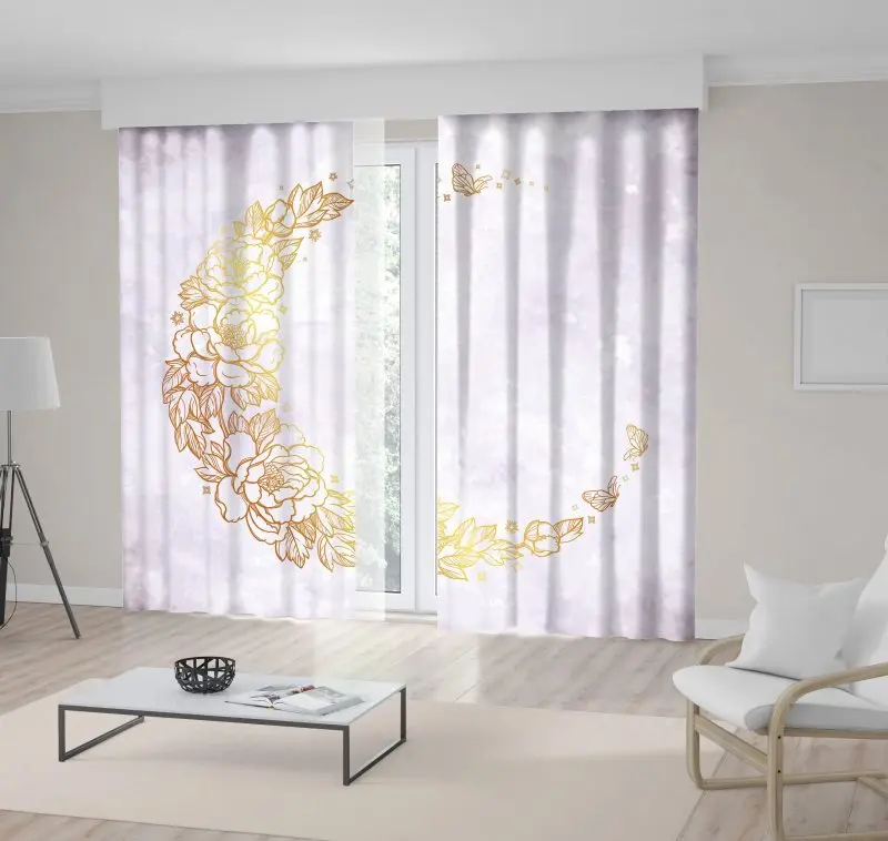 

Curtain Floral Pattern in Gold Crescent Shape Flowers Leaves Butterflies Nature Artwork Yellow White