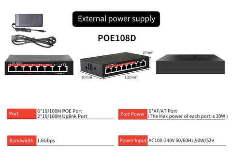 Коммутатор STEAMEMO с 6 портами POE, 48 В, 10/100 Мбит/с, 90 Вт, внешний источник питания, коммутатор Ethernet для IP-камеры/беспроводной точки доступа