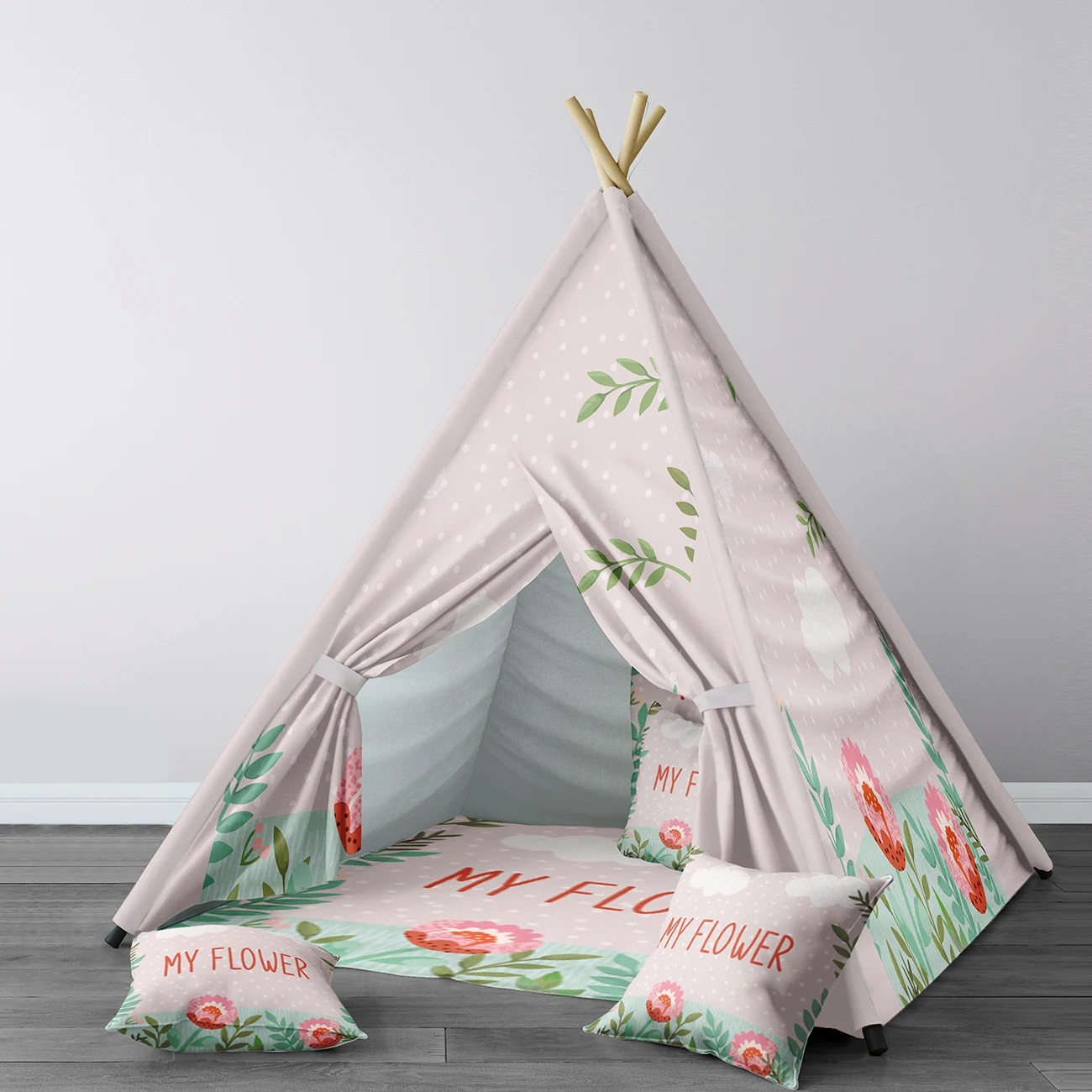 Play Tent for Kids Wigwam Portable Indoor Playground Tents Children Bedrooms Beige Red Flower Leaf Pattern 024