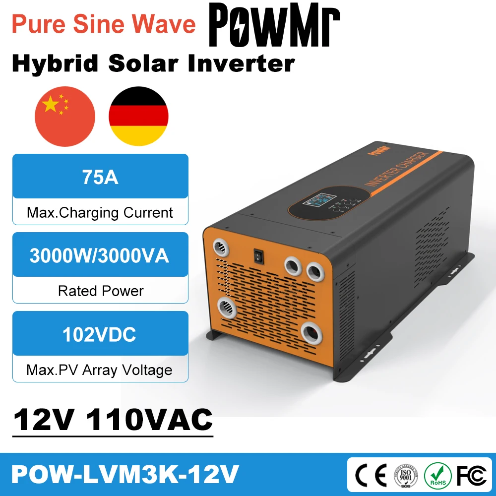 

PowMr 3000W 12V 110V Low Frequency Inverter Charger 3KW Pure Sine Wave Solar Hybrid Inverter AC for Remote Off-Grid Application