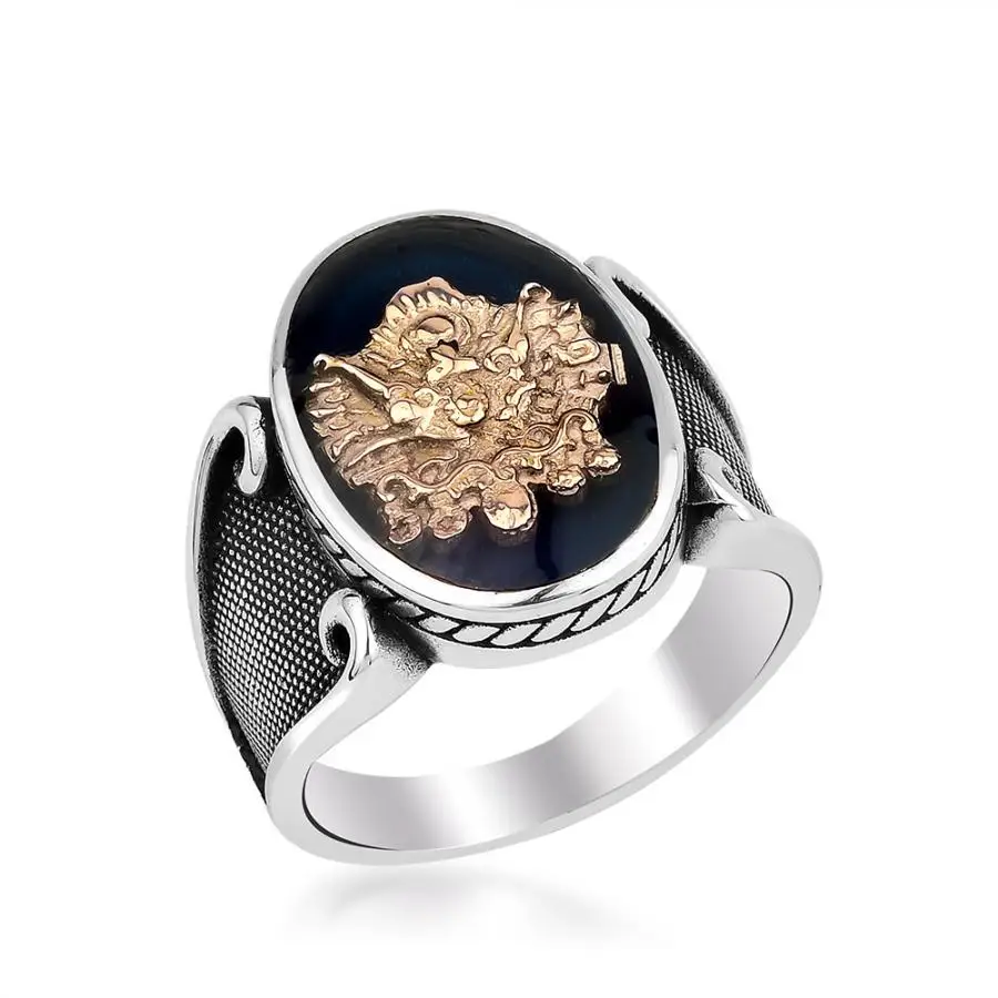 

Round Black Onyx Gemstone Ring Ottoman Coat of Arms Vintage 925 Sterling Silver Turkish Men Jewelry Fashionable Long Lasting