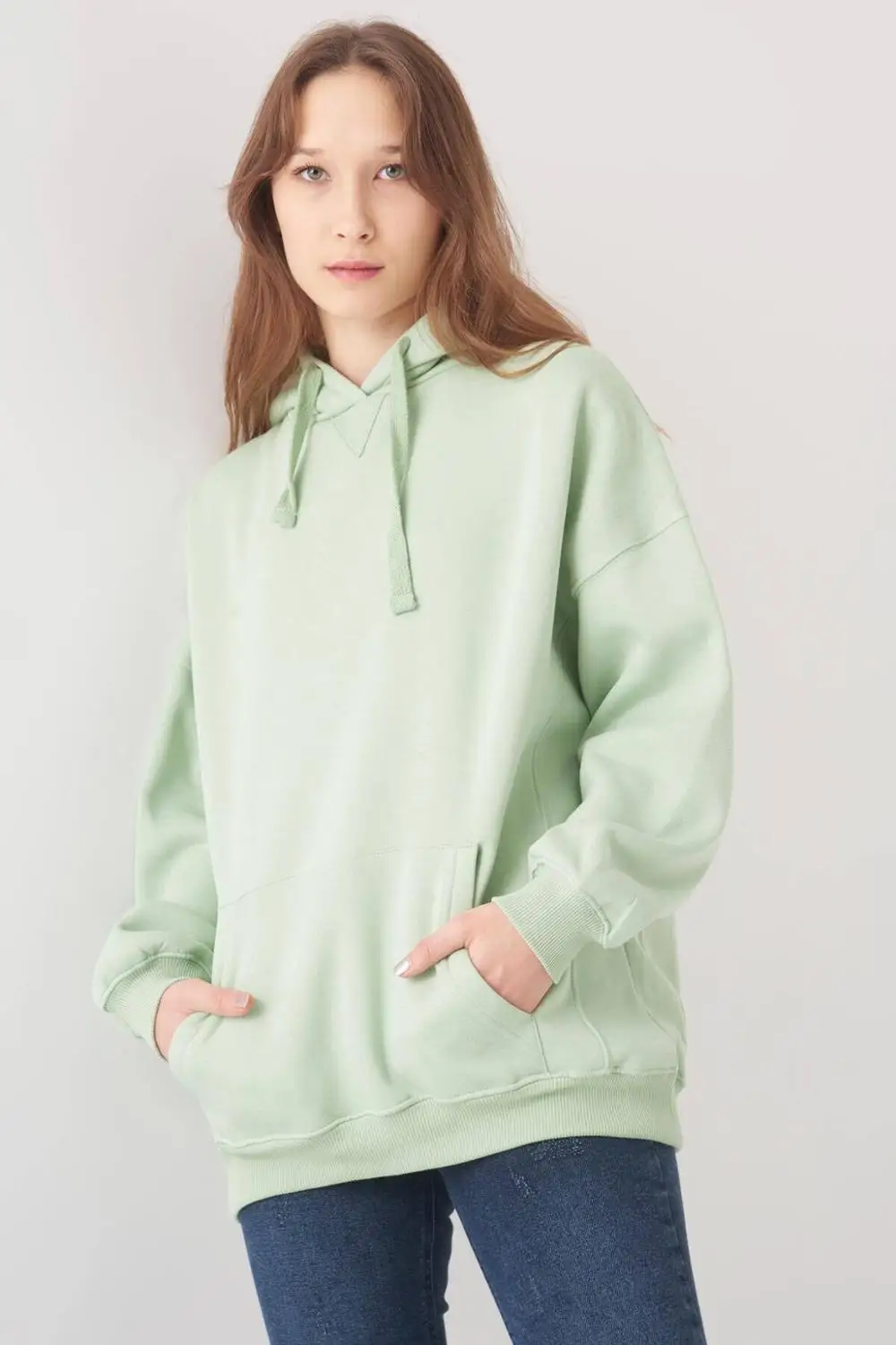 

Kadın Mint Kapşonlu Sweatshirt Kış Sonbahar