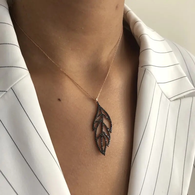 

Black Leaf 925 Sterling Silver Necklace Women Girls Gift Jewelry Accessories Fashion Handmade Elegant Chain