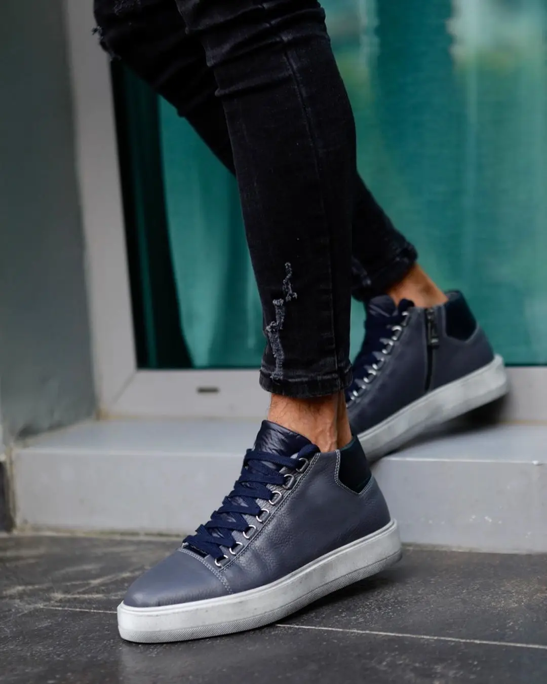 

100% Genuine Leather Casual Style Man Shoes Handmade Comfortable Durable-13697 GREY AND NAVY BLUE