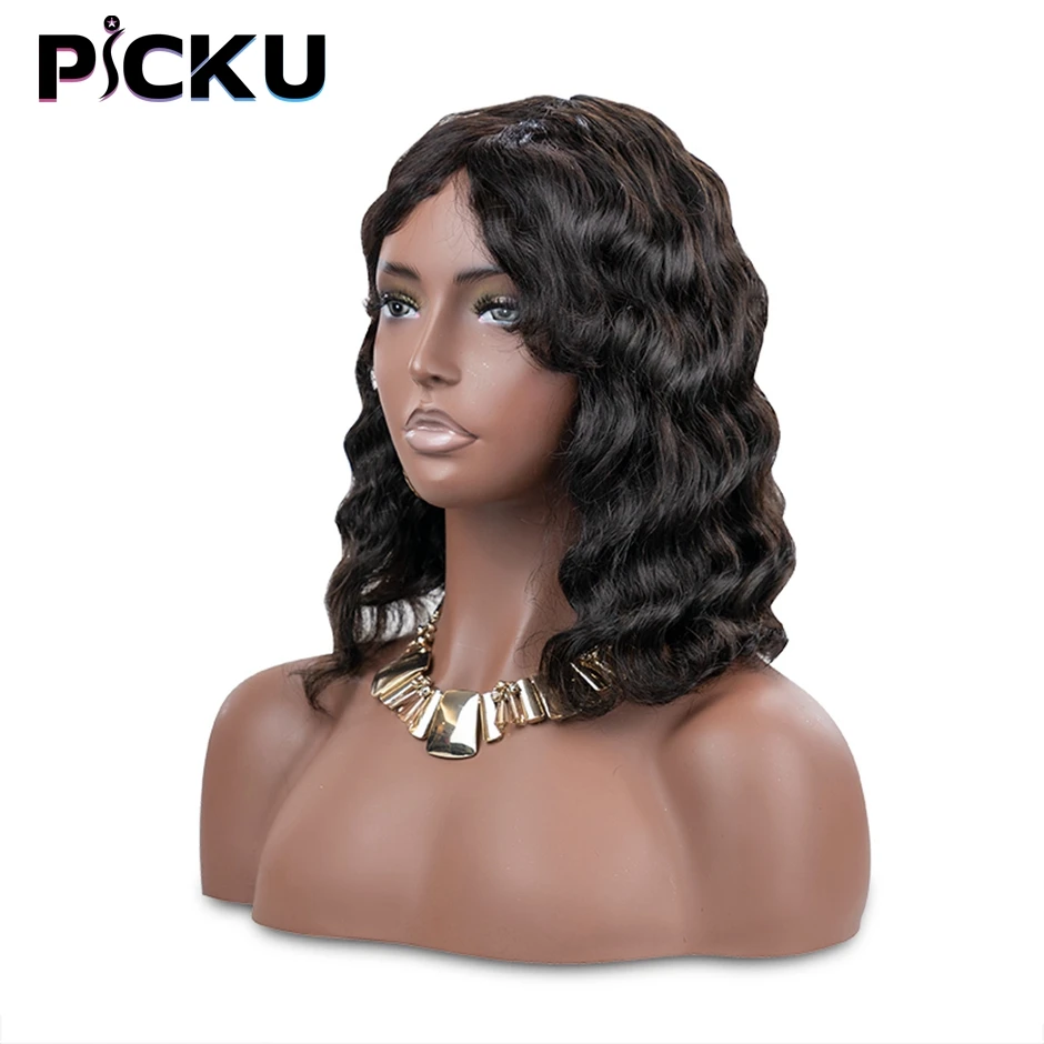 

Короткий парик с челкой, свободные глубокие перуанские волосы, парики для женщин, человеческие волосы без клея, полностью машинное производ...