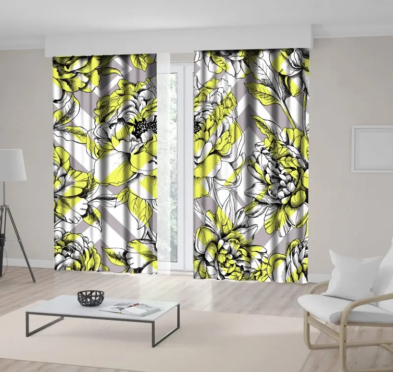 

Curtain Peony Flowers and Squares Geometric Pattern Blossom Decorative Illustration Yellow Gray Black