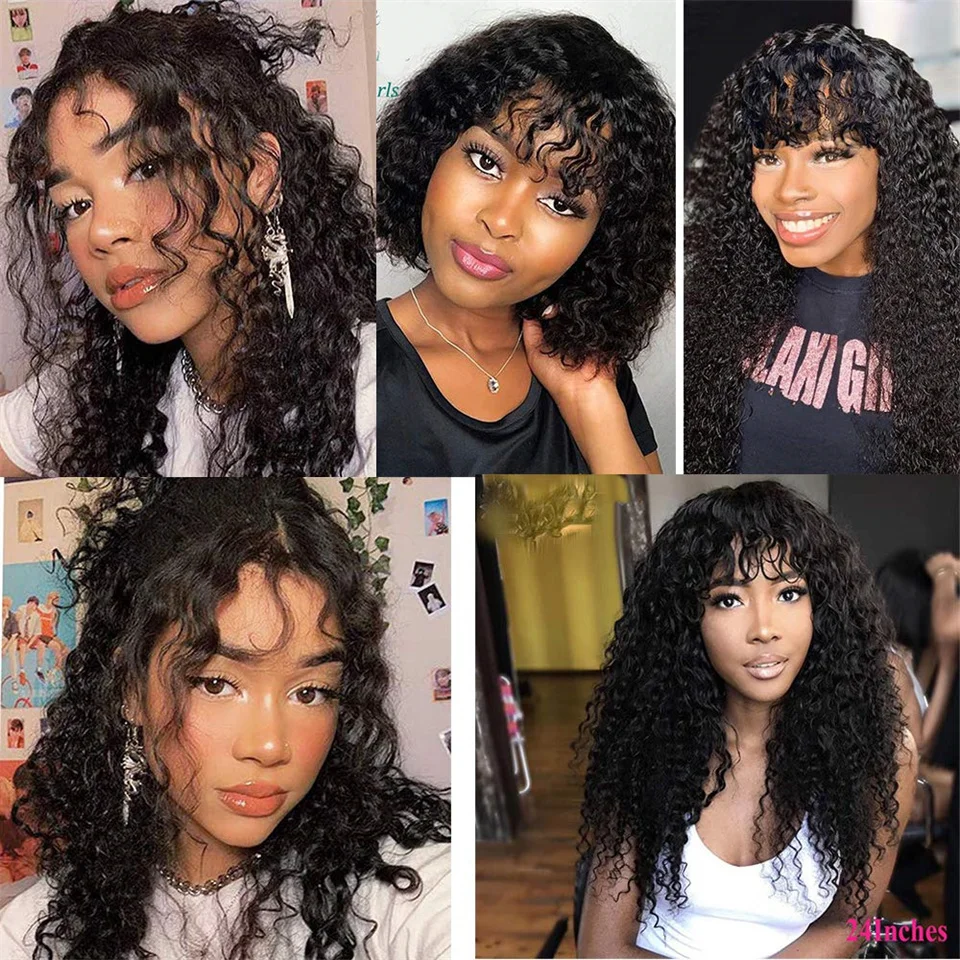 Deep Wave Wig Brazilian Human Hair Wigs With Bangs Full Machine Made Wig For Black Women 14-30 Inch Glueless Fringe Wigs