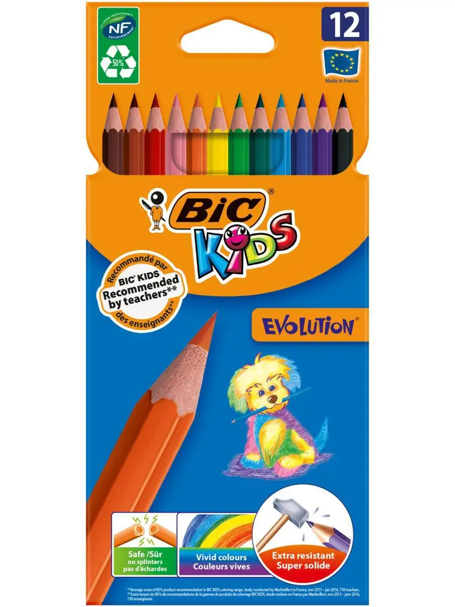 Цветные карандаши 12 цветов детские шестигранные ударопрочные BIC Kids Evolution уп. шт.