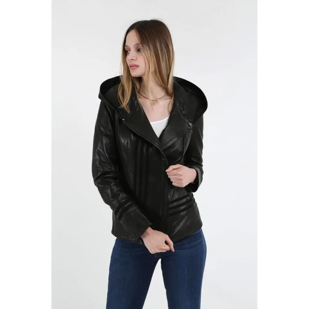 Women Leather Jacket Genuine Real Leather Jacket leather Coat lambskin coat Female Jacket hooded leather jacket Women's Black