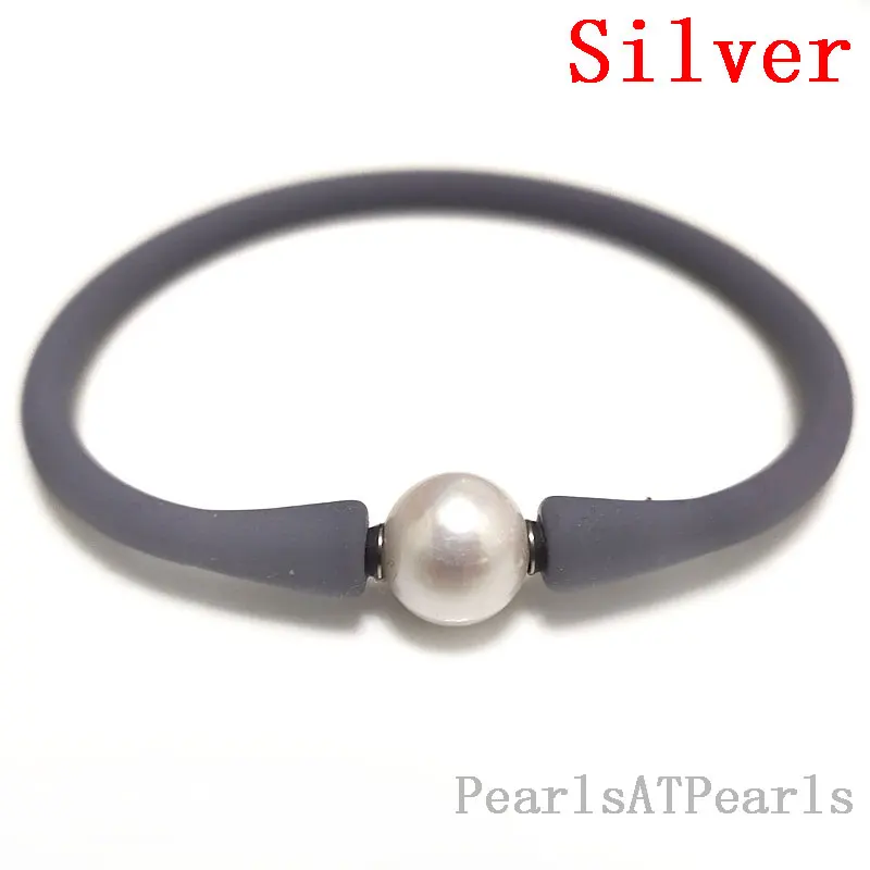 

7.5 inches 10-11mm One AA White Natural Round Pearl Silver Elastic Rubber Silicone Bracelet For Women