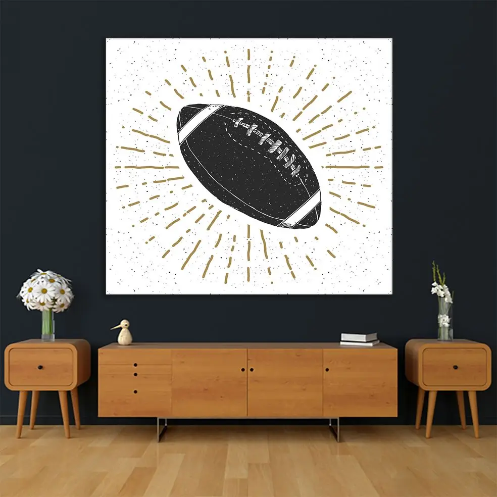 Tapestry Shining Football Rugby Ball Vintage Hand Drawn Sketch Retro Style Art Printed Black White Gold | Дом и сад