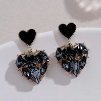vintage black heart shape drop earrings for women crystal love flower rhinestone statement earring girl party jewelry gifts