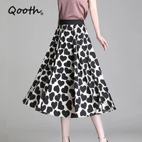 qooth spring love print fashion a line skirt for women floral casual high waisted midi skirt sweet elegant umbrella skirts qt785
