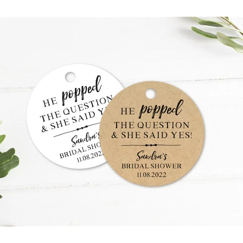 

he popped the question and she said yes, Personalised popcorn tags, bridal shower favor tags, Custom engagement party tags