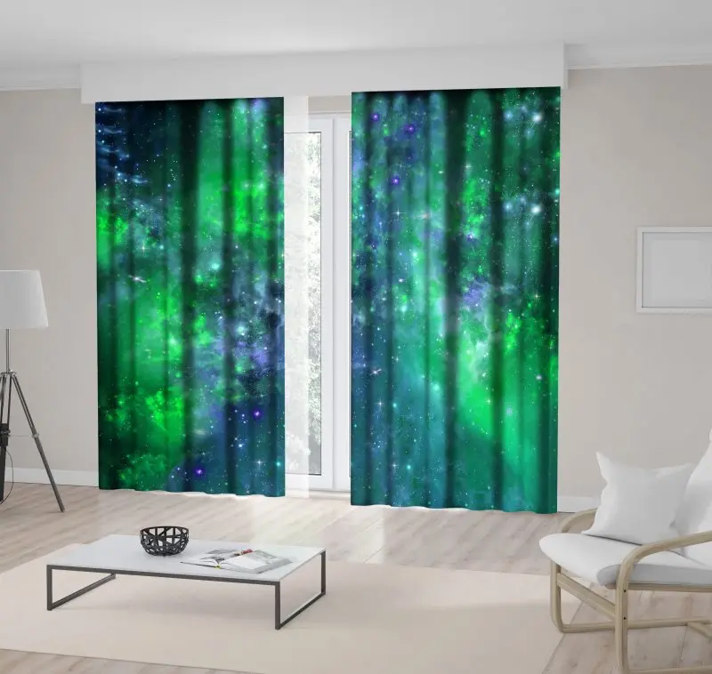 

Curtain Colorful Night Sky with Stars Nebula Clouds Moonlight Fantasy Scenery Printed Blue Green White