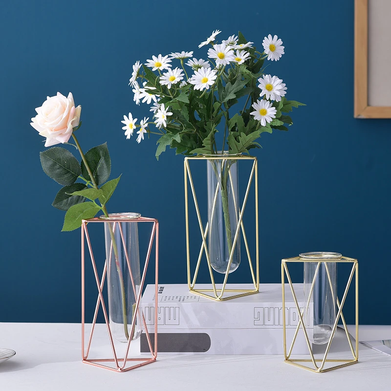 

Geometric Iron Glass Vase Tube Flower Arrangement Hydroponic Plant Terrarium Home Decor