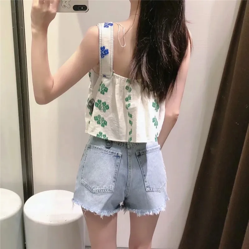 

NWOMN Top Za Floral Top Female Embroidery Backless Top Camisole Summer Crop Tank Top Woman Sleeveless Top Women Elastic Camis