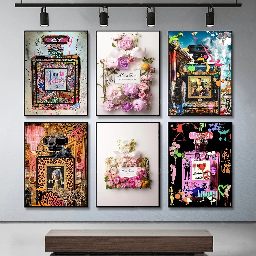 

Luxury Rose Flower Perfume Bottle Canvas Painting Bouquet Posters and Prints On The Wall Art Pictures for Living Room Decor Gift