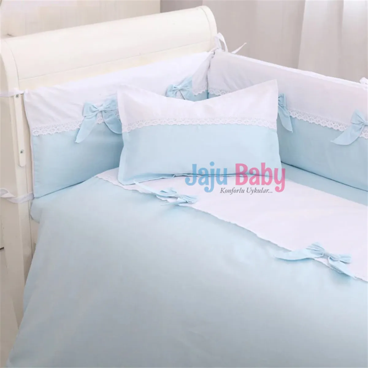 Jaju Baby Handmade, Blue White Baby Bedding Set and Edge Protection, Baby Bed Linen, Baby Bed Sheet, Crib Barrier Set