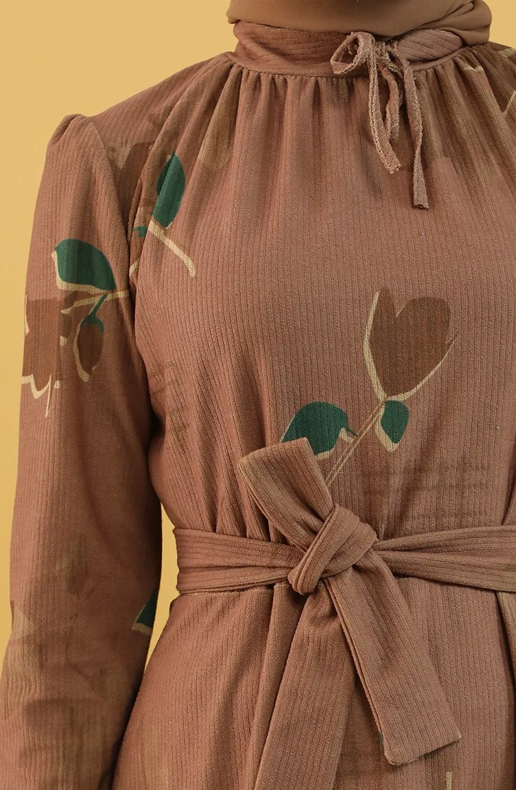 

Floral Pattern Belted Dress Dubai Turkey Muslim Fashion Hijab Dress Islamic Clothing African Dres For Women Robe New Season 2021
