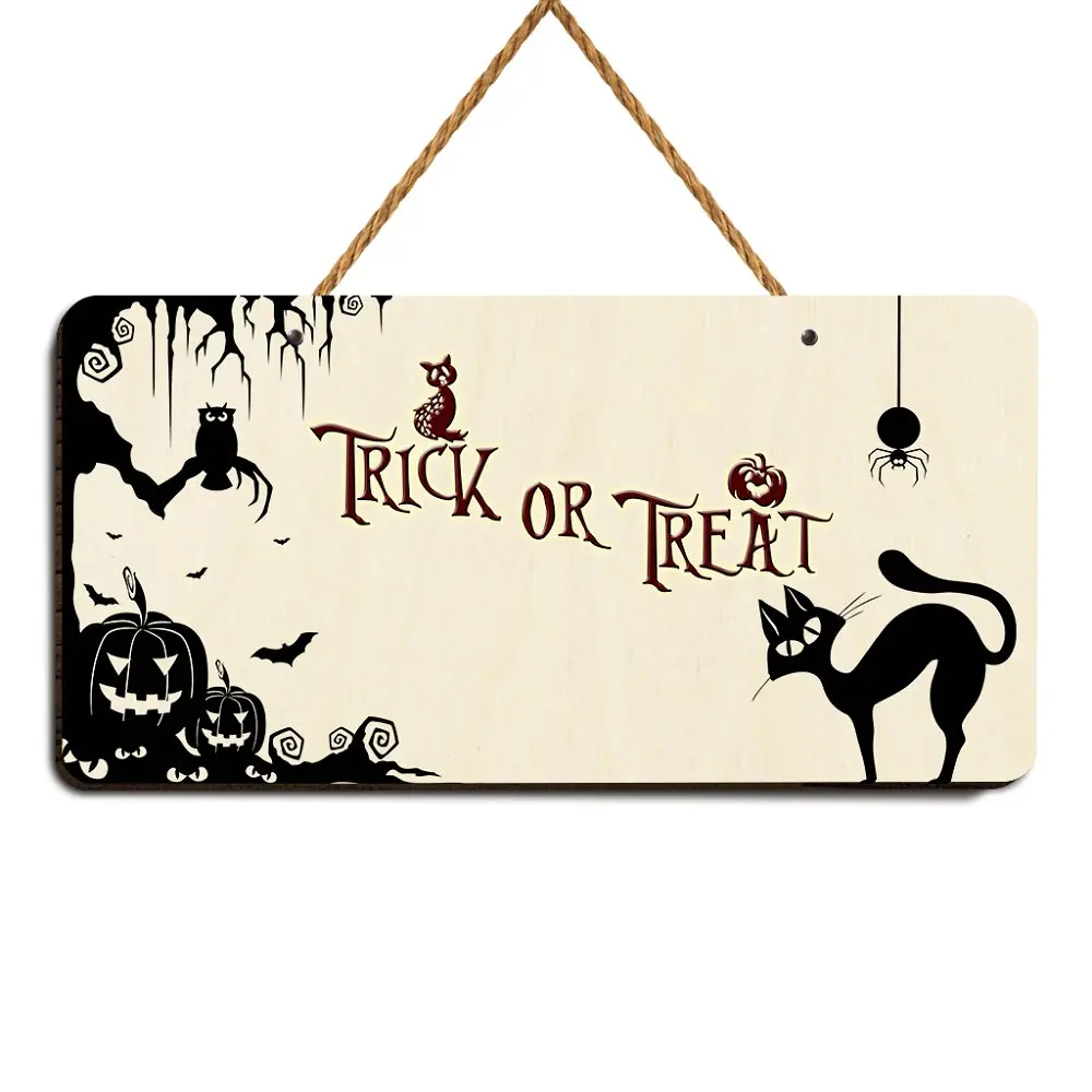 

Thick or Treat Halloween Black Cat Plaque Pumpkin Sign Witch Wall Door Plate Hanging Sign Hotel Home Decoration